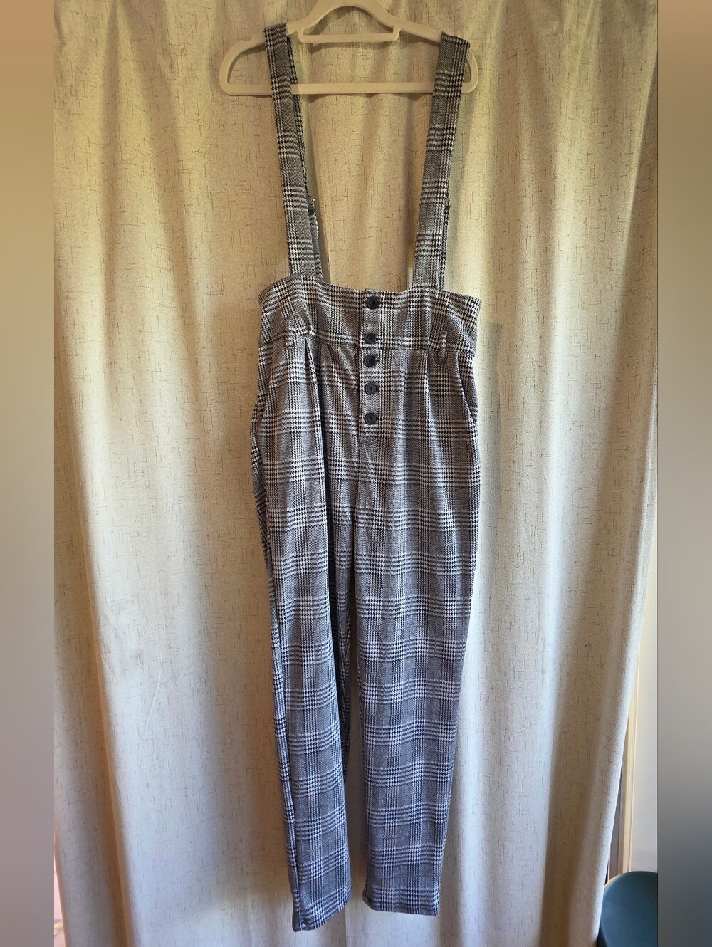 Haute Monde Plaid High-Waist Suspender Pants Black And White L